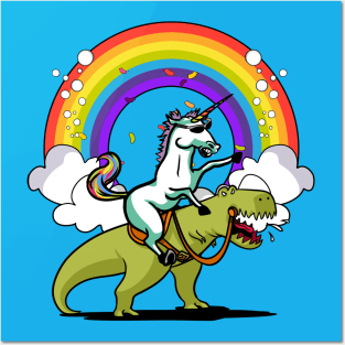 Unicorn Riding T-Rex Dinosaur Party Posters and Art
